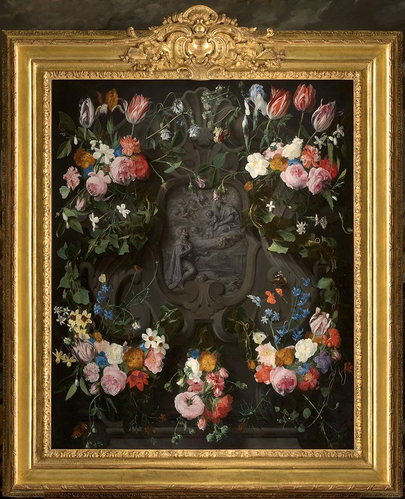 Guirlande de fleurs avec l'apparition de la Vierge à l'Enfant à saint Léopold