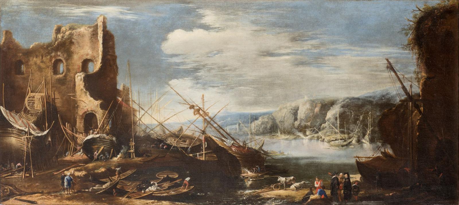 Paysage côtier avec des ruines et des navires